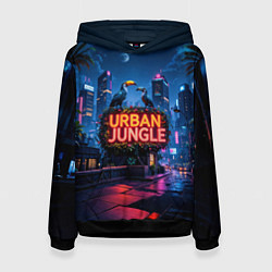 Толстовка-худи женская Городские здания зеленые растения и попугаи, цвет: 3D-черный