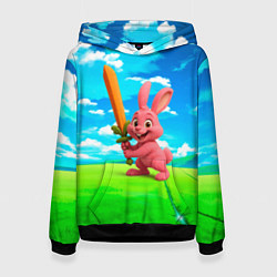 Толстовка-худи женская Розовый заяц с мечом из морковки, цвет: 3D-черный