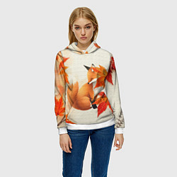 Толстовка-худи женская Лиса под осенними листьями, цвет: 3D-белый — фото 2