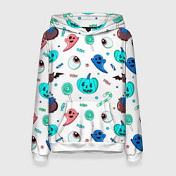 Толстовка-худи женская Halloween light blue pumpkin, цвет: 3D-белый