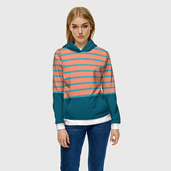 Толстовка-худи женская Полосатый мандариновый морской рассвет с однотоном, цвет: 3D-белый — фото 2