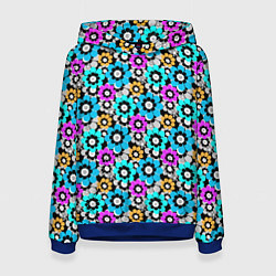 Толстовка-худи женская Разноцветные цветы бирюзовые малиновые синие, цвет: 3D-синий