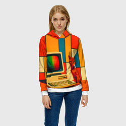Толстовка-худи женская Кот и винтажный компьютер ретрофутуризм поп-арт 19, цвет: 3D-белый — фото 2