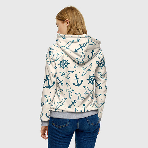 Женская толстовка Морской паттерн из штурвалов, чаек и якорей / 3D-Меланж – фото 4