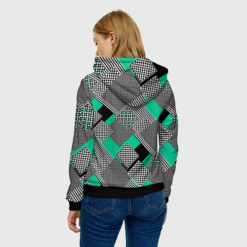 Женская толстовка Черно бирюзовая абстрактная геометрия пэчворк / 3D-Черный – фото 4
