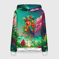 Толстовка-худи женская Попугай и тропики, цвет: 3D-белый