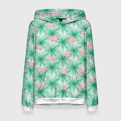 Толстовка-худи женская Фламинго и тропики, цвет: 3D-белый