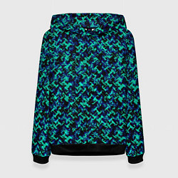 Толстовка-худи женская Сине-зелёный абстрактный паттерн, цвет: 3D-черный