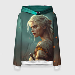 Толстовка-худи женская Цири на фоне искр, цвет: 3D-белый