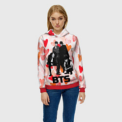 Толстовка-худи женская BTS на фоне сердечек, цвет: 3D-красный — фото 2
