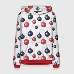Толстовка-худи женская Синие и красные новогодние шары со снежинками, цвет: 3D-красный
