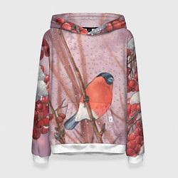 Толстовка-худи женская Акварельный снегирь в рябине, цвет: 3D-белый