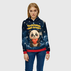 Толстовка-худи женская Ты делаешь мир лучше - панда с сердечком, цвет: 3D-красный — фото 2