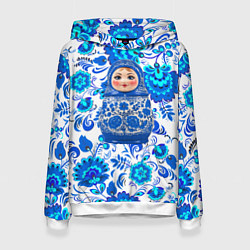 Толстовка-худи женская Русская матрёшка в гжельских узорах, цвет: 3D-белый
