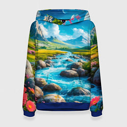 Толстовка-худи женская Пейзаж художественный горы речка камни, цвет: 3D-синий