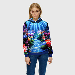 Толстовка-худи женская Цветы на глубине освещённые лучами, цвет: 3D-синий — фото 2