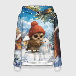 Толстовка-худи женская Совушка в шапочке лепит снеговика, цвет: 3D-белый