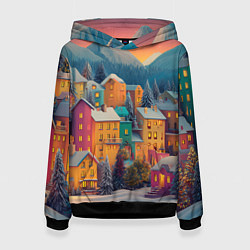 Толстовка-худи женская Новогодний город в горах, цвет: 3D-черный