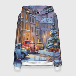 Толстовка-худи женская Новогодний снежный двор, цвет: 3D-белый