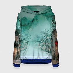 Толстовка-худи женская Новогодняя туманная улица, цвет: 3D-синий