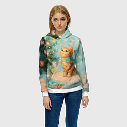 Толстовка-худи женская Милый рыжий котенок любуется елкой, цвет: 3D-белый — фото 2