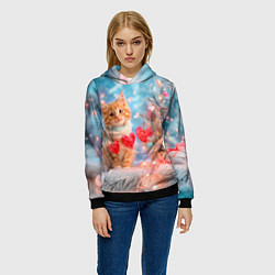 Толстовка-худи женская Котенок и гирлянда из сердечек, цвет: 3D-черный — фото 2