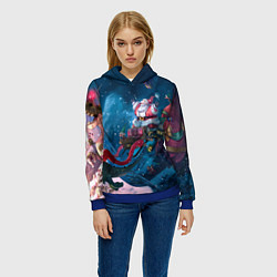 Толстовка-худи женская Санта с динозавром, цвет: 3D-синий — фото 2