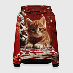 Толстовка-худи женская Рыжий Новогодний котенок, цвет: 3D-черный
