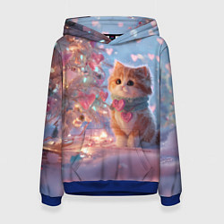 Толстовка-худи женская Маленький котенок у сияющей елочки, цвет: 3D-синий