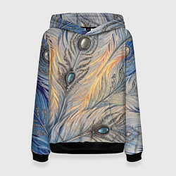 Толстовка-худи женская Синие перья с самоцветами, цвет: 3D-черный