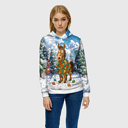 Толстовка-худи женская Новогодняя лошадь в гирлянде, цвет: 3D-белый — фото 2