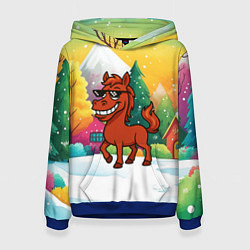Толстовка-худи женская Красная лошадка в очках подмигивает 2026, цвет: 3D-синий