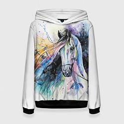 Толстовка-худи женская Акварельная лошадь, цвет: 3D-черный