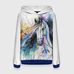 Толстовка-худи женская Акварельная лошадь, цвет: 3D-синий