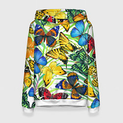 Толстовка-худи женская Тропические бабочки, цвет: 3D-белый