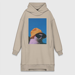 Женское худи-платье Котик в шляпе и очках, цвет: миндальный