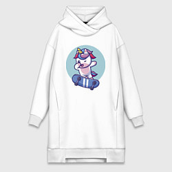 Женское худи-платье Единорожка на скейте, цвет: белый