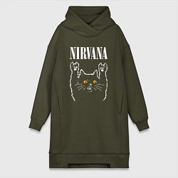 Женское худи-платье Nirvana rock cat, цвет: хаки