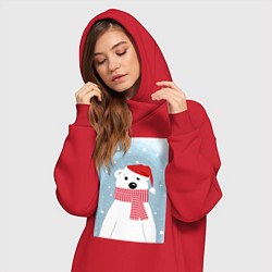 Женское худи-платье Мультяшный белый медведь в красной шапке с шарфом, цвет: красный — фото 2