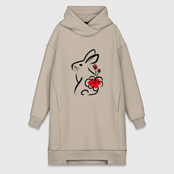 Женское худи-платье Силуэт кролика с японским цветком, цвет: миндальный