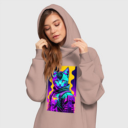 Женское худи-платье Прикольный неоновый котёнок - киберпанк, цвет: пыльно-розовый — фото 2