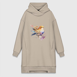 Женское худи-платье Акварельная милая птица, цвет: миндальный