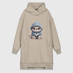 Женское худи-платье Злой кот в капюшоне, цвет: миндальный
