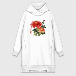 Женское худи-платье Красные хризантемы, цвет: белый