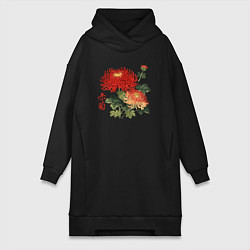 Женское худи-платье Красные хризантемы, цвет: черный
