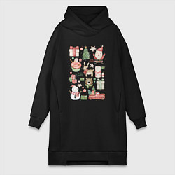 Женское худи-платье Новогодние зарисовки, цвет: черный