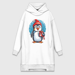 Женское худи-платье Пингвин с новогодним подарком, цвет: белый