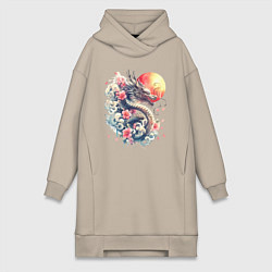 Женская толстовка-платье Японский дракон на фоне солнца и цветки сакуры