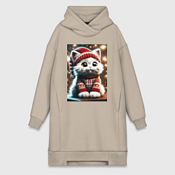 Женское худи-платье Котик в новогоднем свитере, цвет: миндальный