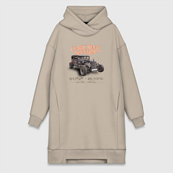 Женское худи-платье Хот род и надпись живи быстро, цвет: миндальный